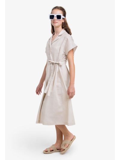 Solid Buttoned Tie Waist Dress