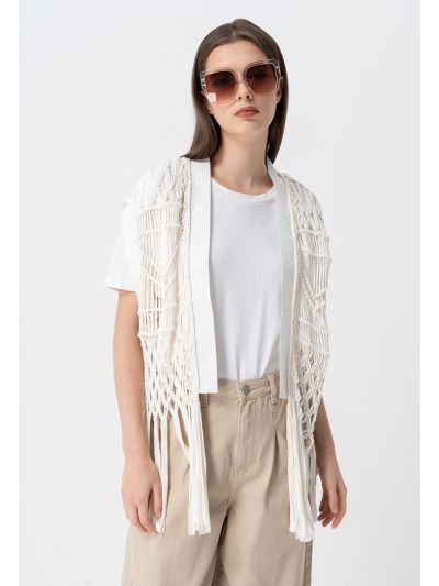Solid Macrame Fringe Open Vest