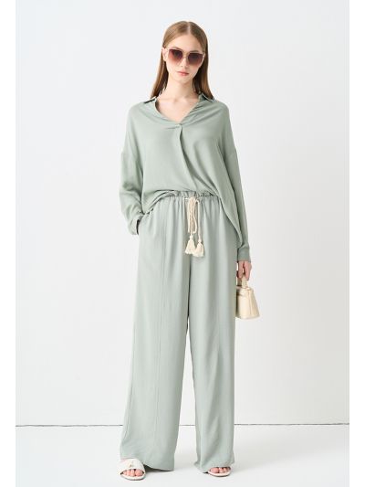 Crinkled Drawstring Wide Leg Trouser