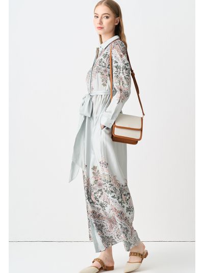 Printed Belted Long Sleeve Shirt Dress