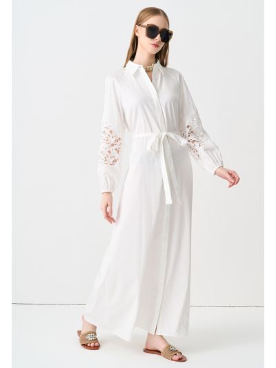 Lace Sleeve Belted Solid Shirt Dress