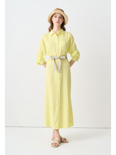 Belted Shirt Dress With Button Tap Sleeve