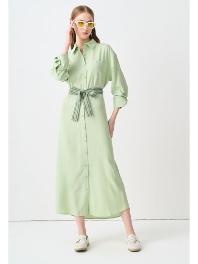 Belted Shirt Dress With Button Tap Sleeve
