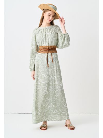 Flared Printed Belted Maxi Dress