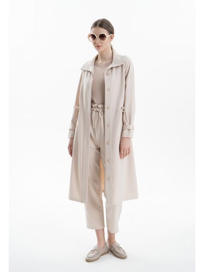 Collared Drawstring Waist Midi Jacket -Sale