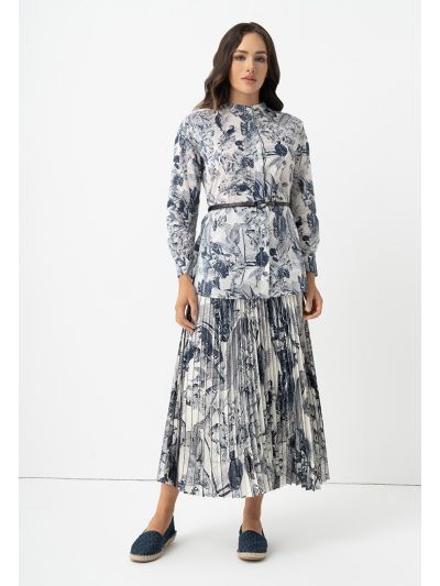 Fish Printed Pleated Flared Skirt