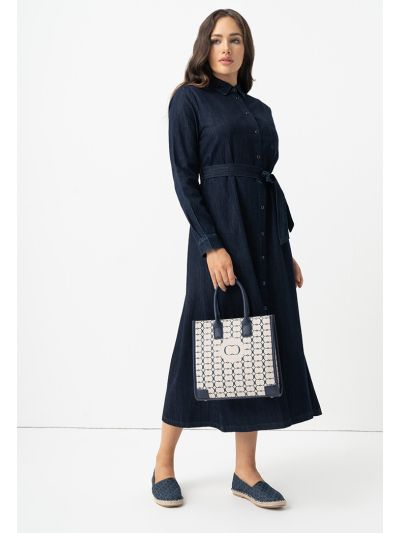 Long Sleeves Denim Belted Shirt Dress