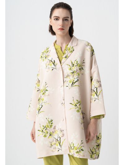 Floral Printed Embellished Crystal Midi Coat