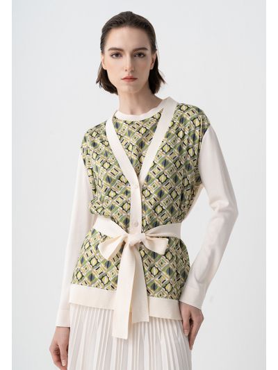 Long Sleeves Floral Printed Belted Cardigan