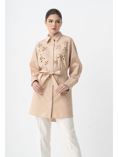 Eyelet Embroidered Belted Shirt