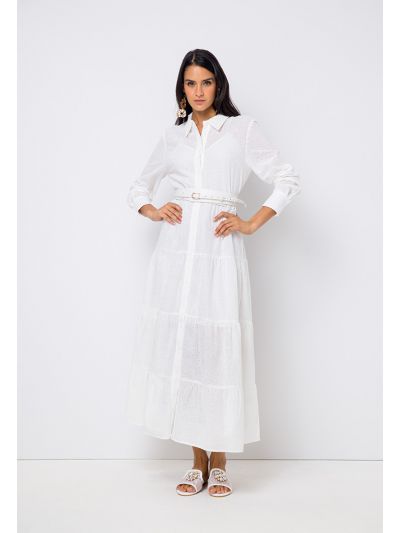 Schiffli Tiered Belted Shirt Dress Set (2 PCS)