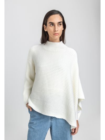 One Sleeve Knitted Ribbed Solid Poncho