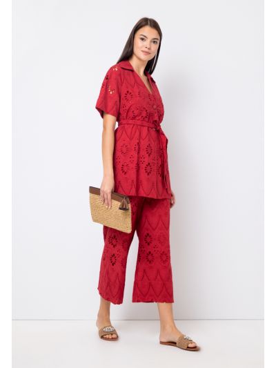 Schiffli Wide Leg Solid Trouser