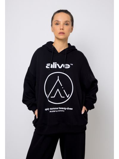 Front Printed Knitted Drop Shoulder Hoodie
