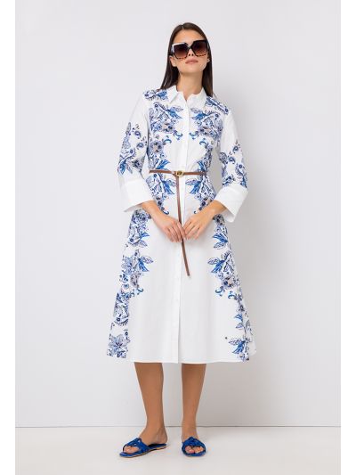 Printed Belted Maxi Shirt Dress
