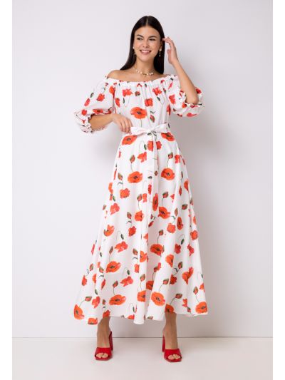 Printed Elastic Neckline Belted Dress