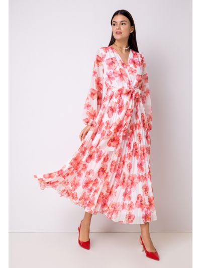 Pleated Printed Belted V-Neck Dress
