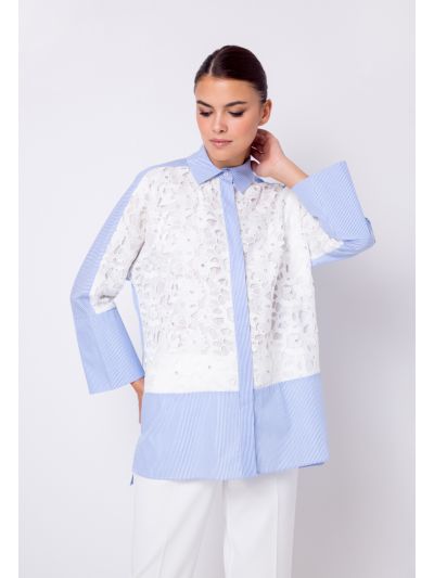 Striped floral Lace Crystal Embellished Shirt