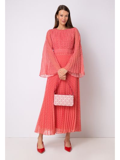 Pleated Monogram Print Flared Maxi Dress