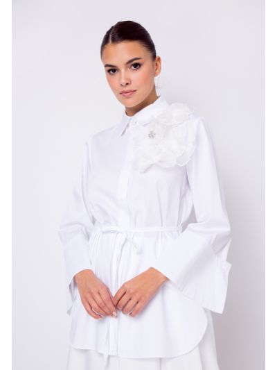 Belted High Low Floral Adornment Shirt
