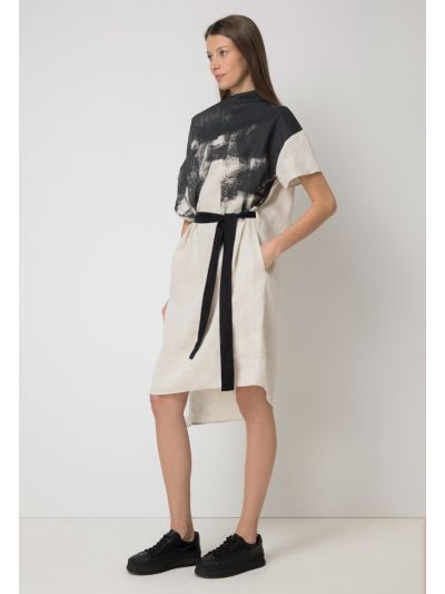 Inner Belt Front Print Midi Dress