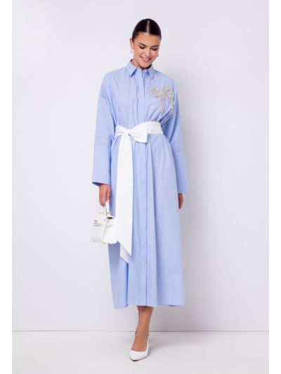Striped Oversized Crystal Embellished Shirt Dress