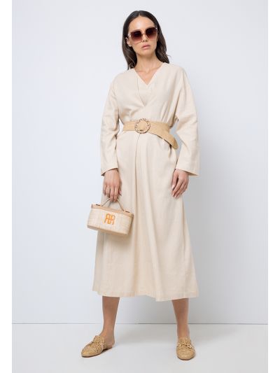 Single Tone V-Neck Belted Dress