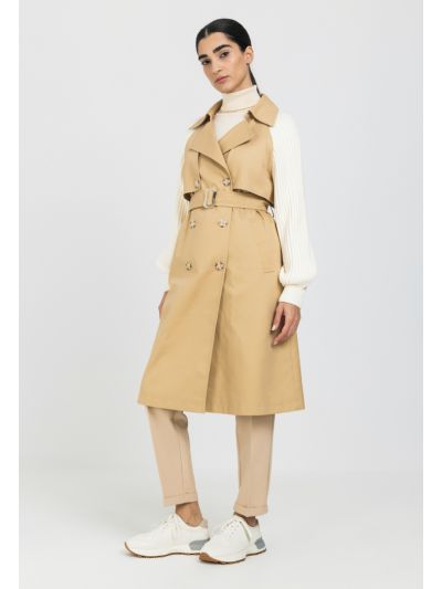 Knitted Sleeve Double Breasted Coat
