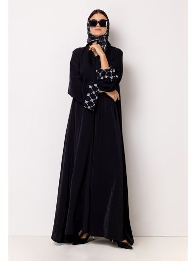 Crinkled Monogram Print Sleeve Flared Abaya