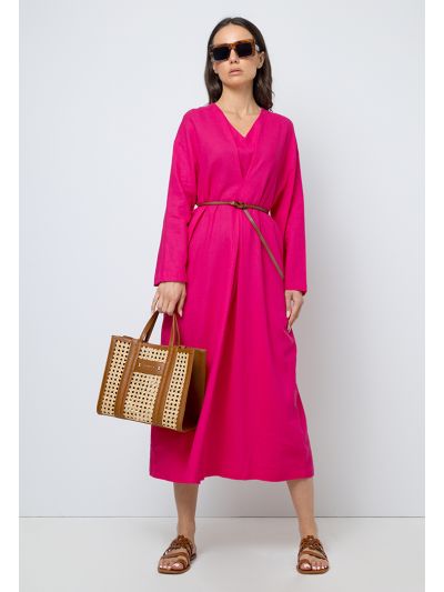 Single Tone V-Neck Belted Dress