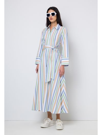 Striped Belted Flared Shirt Dress Set (2 PCS)