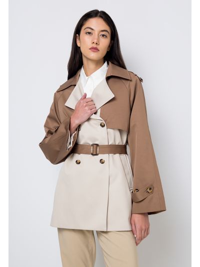 Contrast Double Breasted Belted Trench Coat