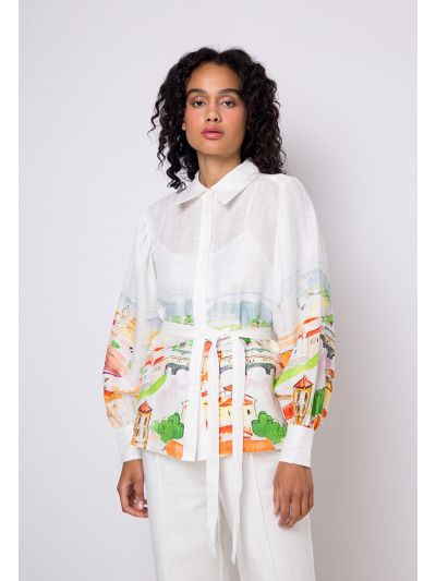 Printed Belted Balloon Sleeves Shirt Set (2 PCS)
