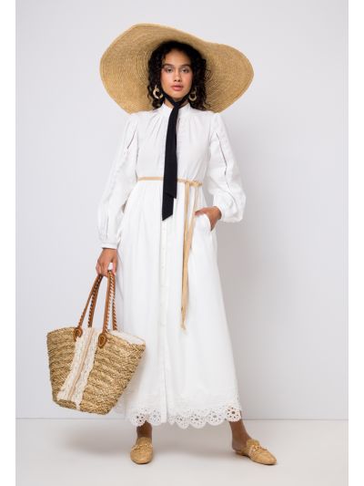 Lace Belted Flared Maxi Shirt Dress
