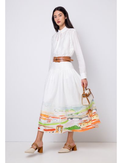 Printed Flared Belted Skirt