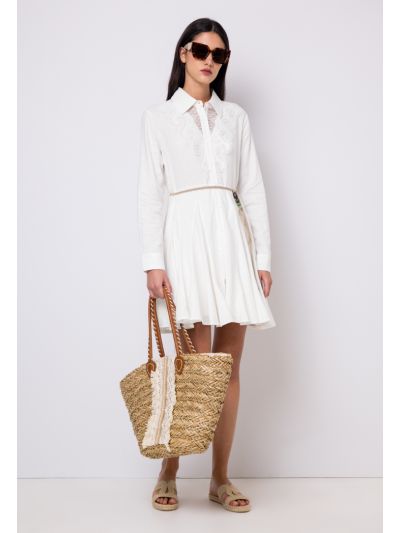 Solid Lace Belted Flared Shirt Dress