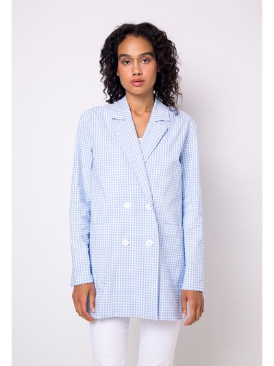 Checked Double Breasted Notched Collar Blazer