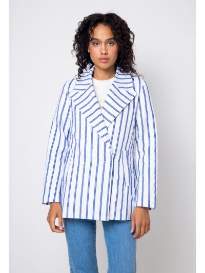 Striped Double Breasted Notched Collar Blazer