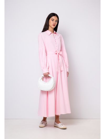 Pleated Sleeve Belted Flared Dress Set (2 PCS)