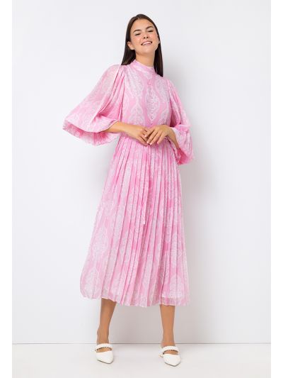 Button-Embellished Pleated Printed Dress