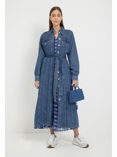 Solid Belted Denim Maxi Dress