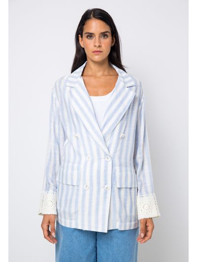 Striped Crochet Hem Sleeve Blazer