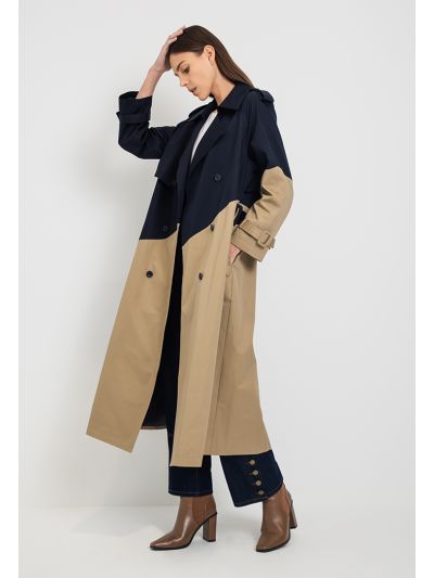 Color Block Double Breasted Trench Coat