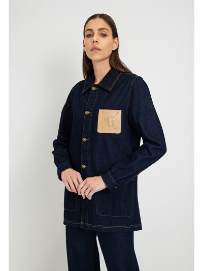 Faux Leather Patch Pocket Denim Jacket