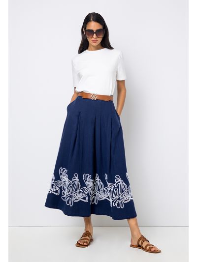 Embroidered Box Pleated Maxi Skirt