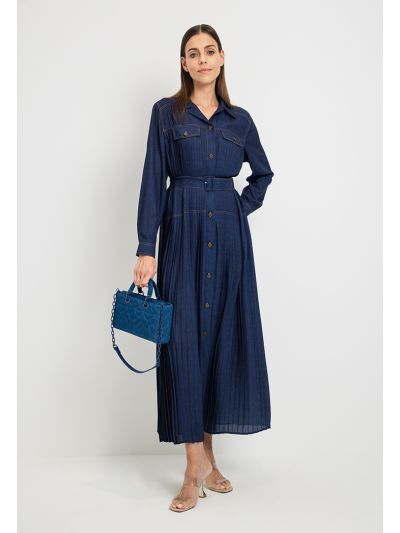 Pleated Belted Solid Maxi Shirt Dress