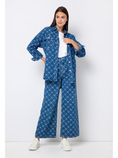Monogram Print Wide Leg Denim Trouser