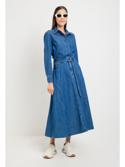 Belted Flared Maxi Denim Dress