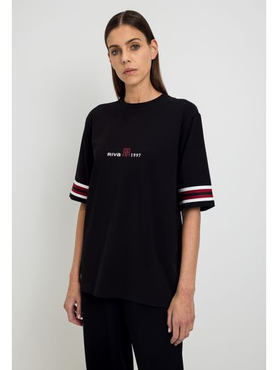 Striped Sleeve Rubber Print T-Shirt