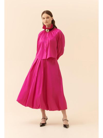 Roman Solid Taffeta Pleated Skirt Fuchsia
